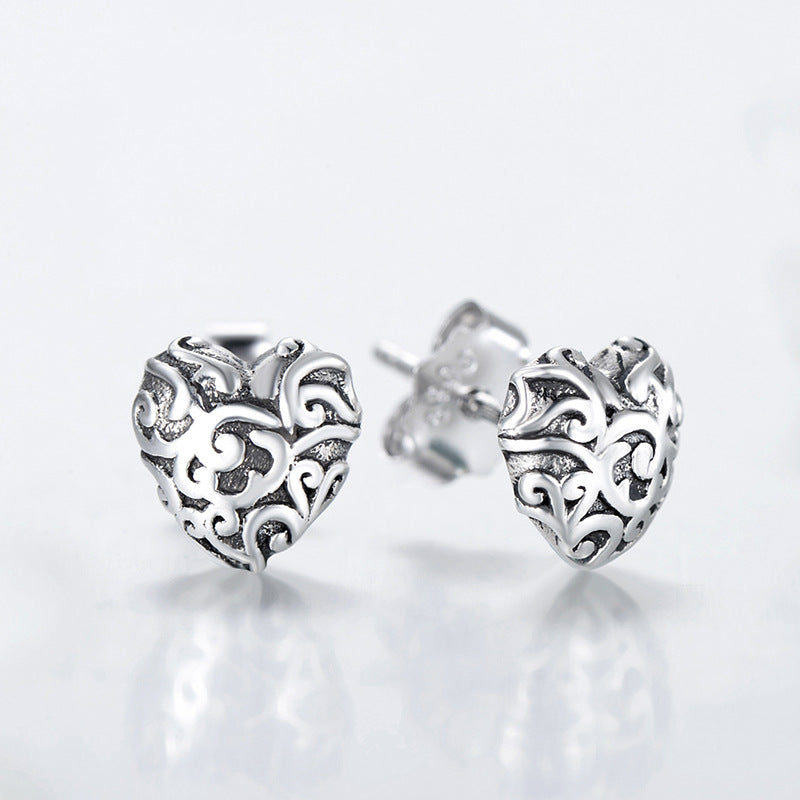 Vintage Carved Heart S925 Silver Earrings