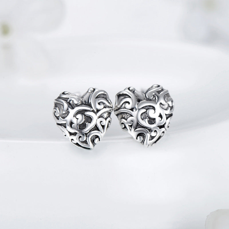 Vintage Carved Heart S925 Silver Earrings