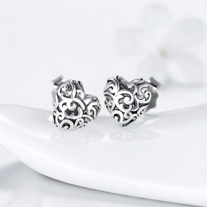 Vintage Carved Heart S925 Silver Earrings