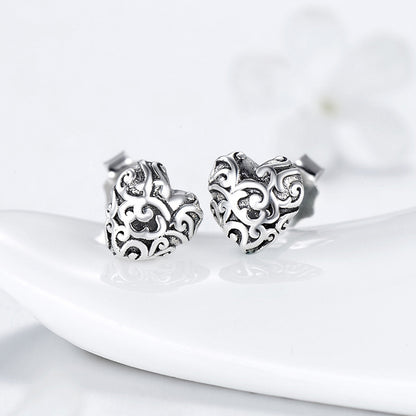 Vintage Carved Heart S925 Silver Earrings