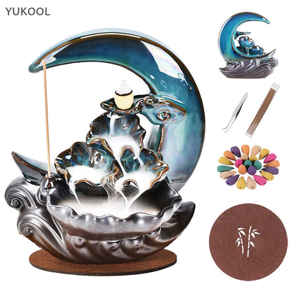 New Moon Ceramic Backflow Incense Holder Burner Waterfall Blue Set