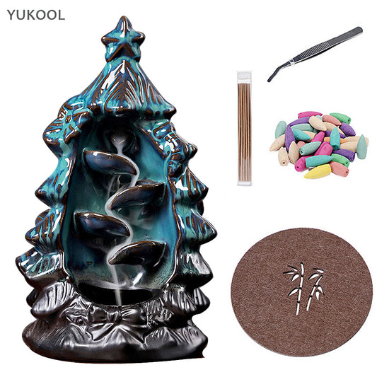 Christmas Tree Ceramic Backflow Incense Holder Burner Waterfall Blue Set