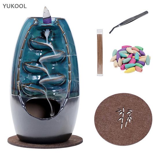 Ceramic Backflow Incense Holder and Burner Waterfall Blue Set