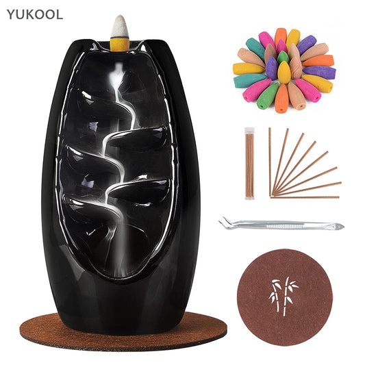 Ceramic Backflow Incense Holder and Burner Waterfall Black Set