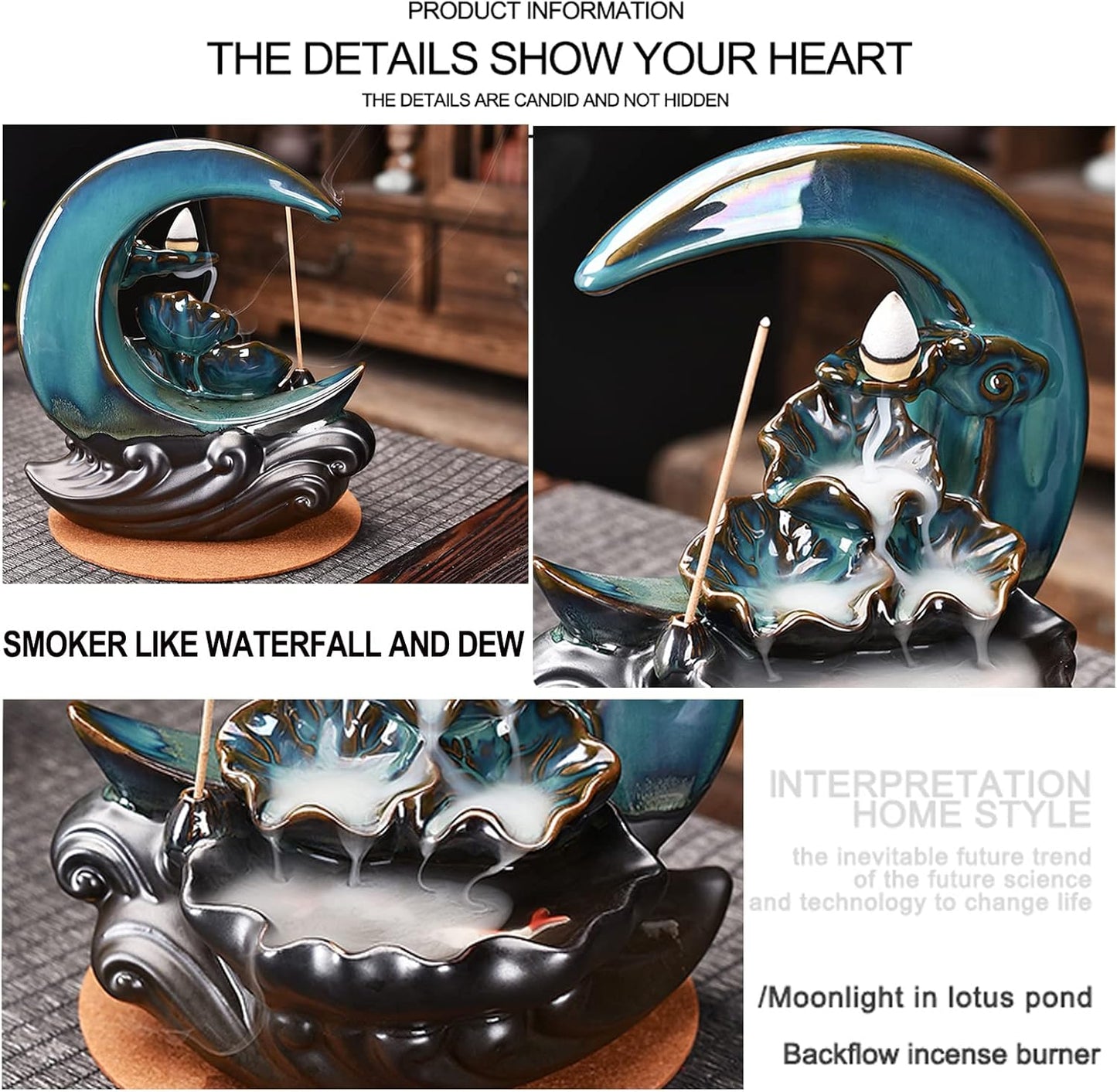 New Moon Ceramic Backflow Incense Holder Burner Waterfall Blue Set